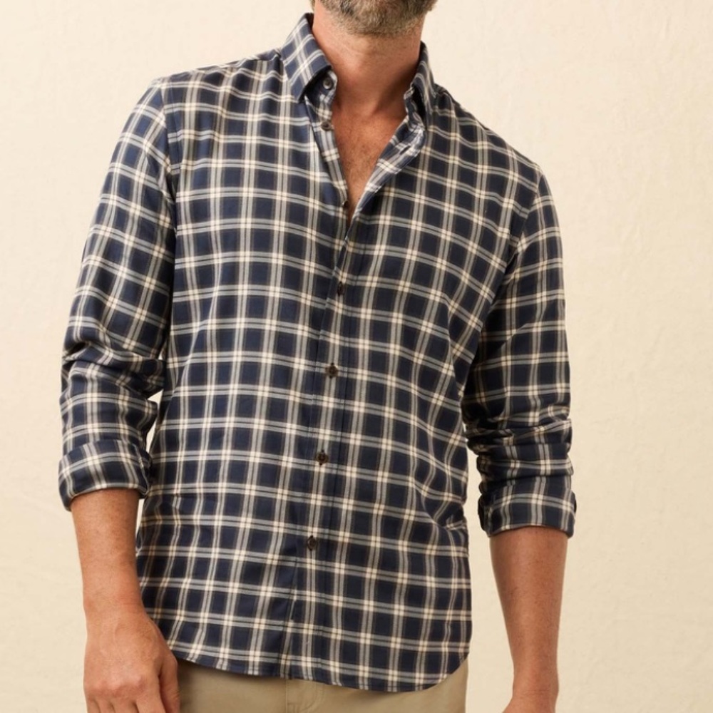 Faherty The Movement Shirt Navy Smoke Plaid Large NWT